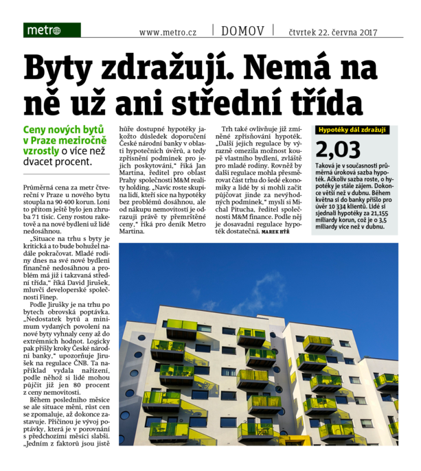 Ceny bytů v Praze rostly až o desítky procent, uvádí deník Metro